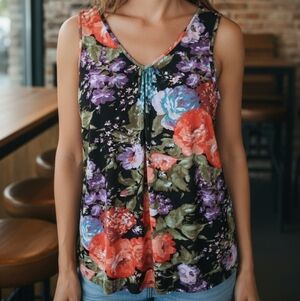 Susan Graver Vibrant Floral Tank Top - Black, Red, Purple 1X